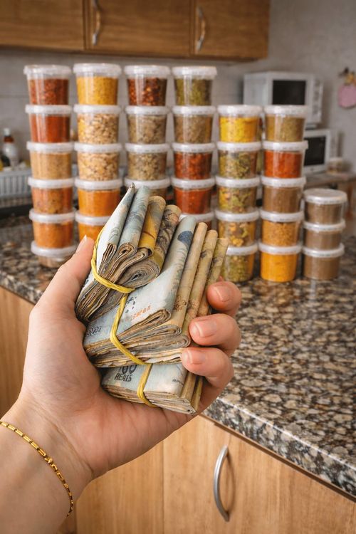 Resultado em dinheiro e potinhos ao fundo